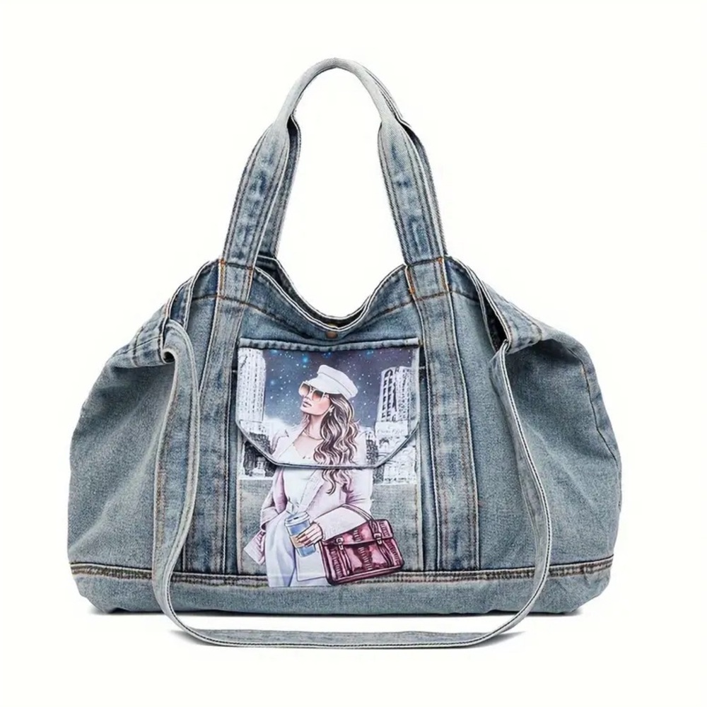Denim crossbody shoulder bag with lady print
